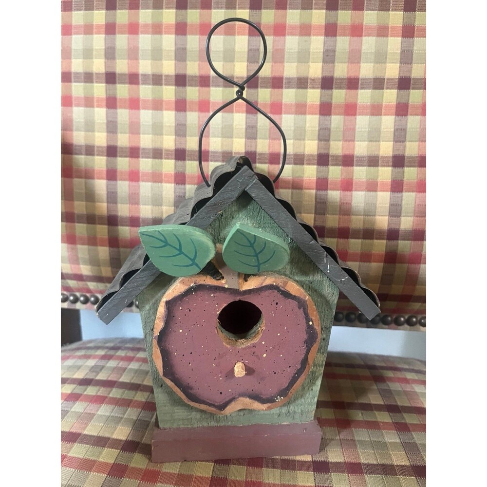 Vintage Primitive Wooden Bird House with Apple Motif